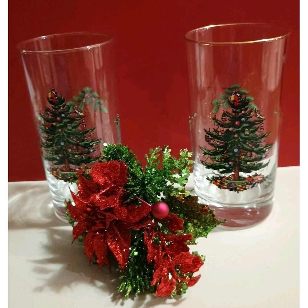 Pair Of Vintage SPODE Christmas Tree Glasses Tumblers Barware Gold Rim‎ Highball